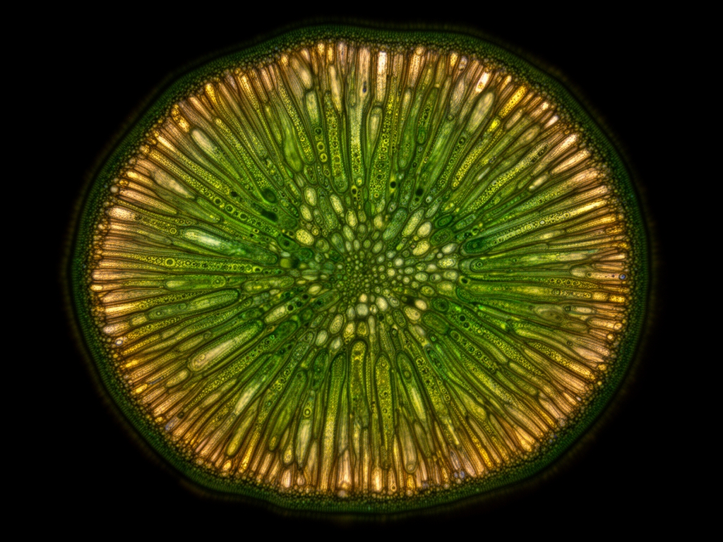 Abstrakcyjna makrofotografia przekroju rośliny z widocznymi strukturami komórkowymi, podświetlona w technice ciemnego pola, ukazująca skomplikowane wzory biologiczne w odcieniach zieleni i złota