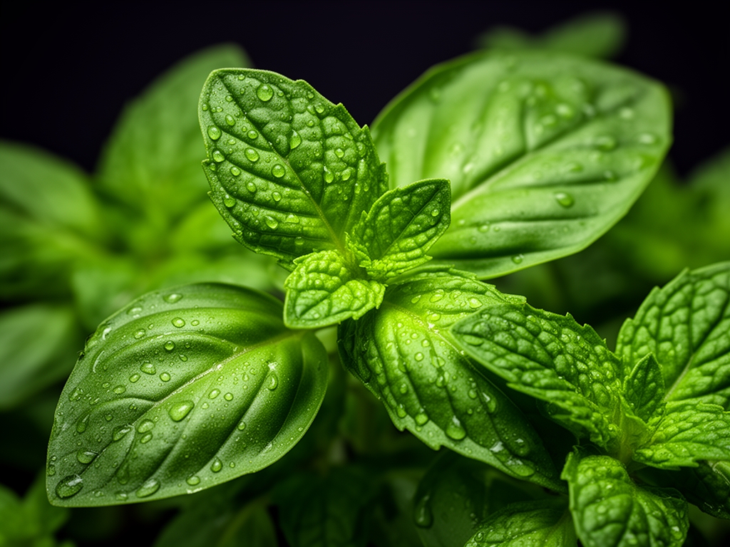 Makrofotografia świeżej zielonej bazylii i mięty z widocznymi kroplami wody na liściach, szczegółowe ukazanie struktury tkanek roślinnych na ciemnym tle