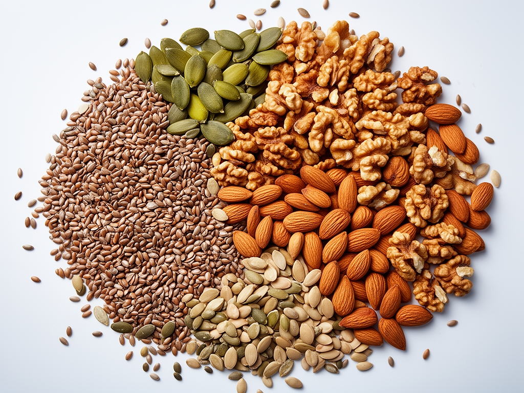 Artystycznie ułożone różnorodne nasiona, ziarna i orzechy na jasnym tle: siemię lniane, pestki dyni, migdały, orzechy włoskie — różnorodność kształtów i kolorów