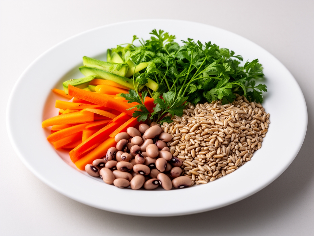 Zbilansowany posiłek na białym talerzu: kolorowe warzywa, zboża, rośliny strączkowe i świeże zioła, estetycznie skomponowany bez żadnych produktów brandowanych