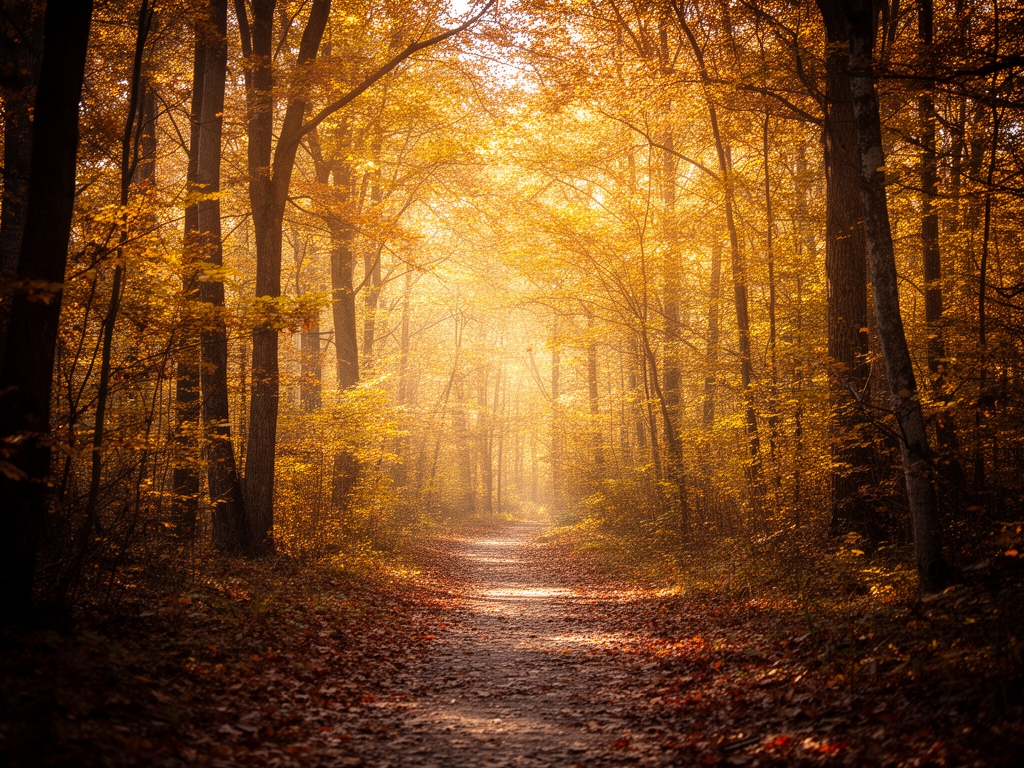 Ścieżka przez jesienny las z delikatnym filtrowaniem złotego słonecznego światła przez korony drzew, liście w odcieniach złota i brązu, atmosfera spokoju i ruchu w naturze